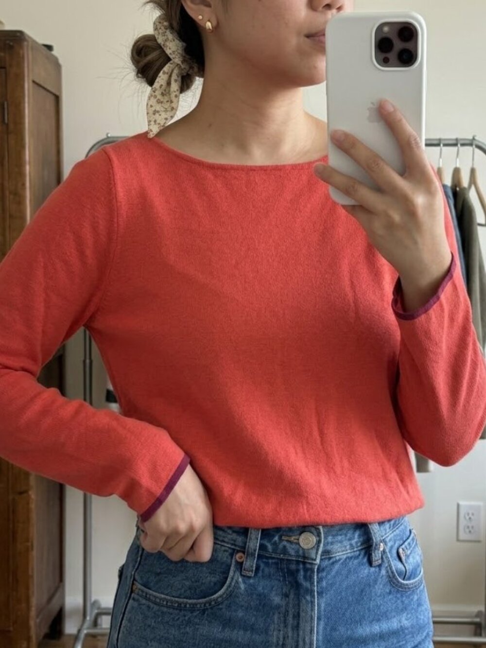 GAP Silk Blend Coral Red / Orange Boatneck Long Sleeve Fine Knit Sweater Size S